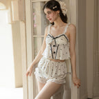 Printed Lace Satin Camisole And Shorts Women's Loungewear Set