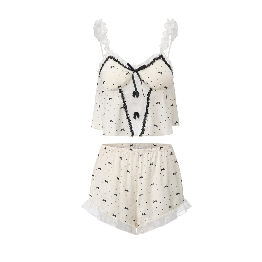 Printed Lace Satin Camisole And Shorts Women's Loungewear Set